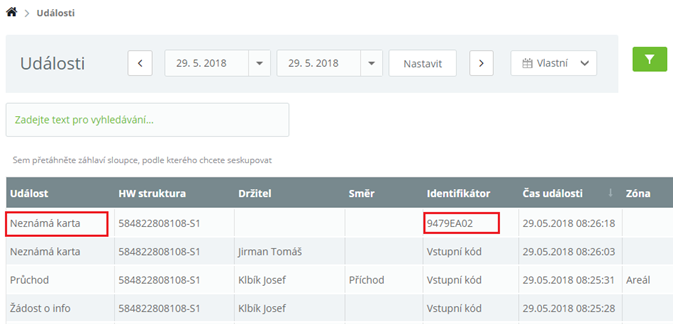 Obr. 16: Událost Neznámá karta